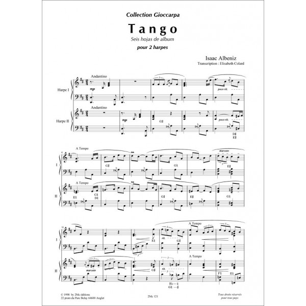 Albeniz Tango partition pour deux harpes