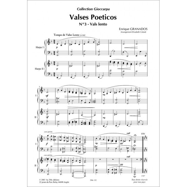 Granados Vals poeticos lento partition pour deux harpes