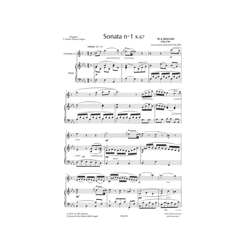 Mozart Sonata n°1 partition pour clarinette et harpe