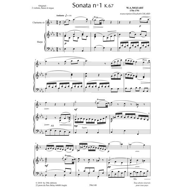 Mozart Sonata n°1 partition pour clarinette et harpe
