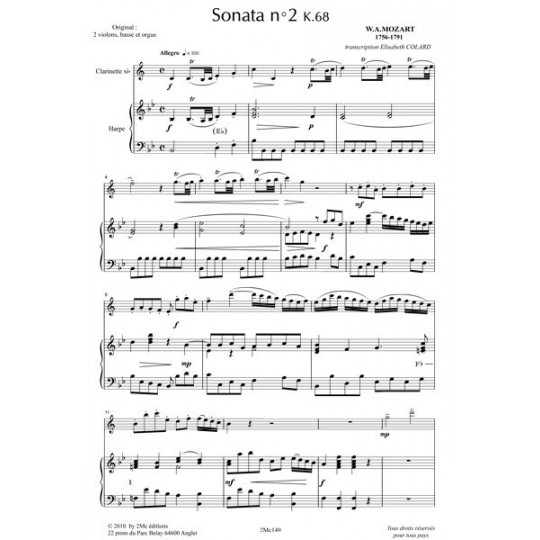 Mozart Sonata n°2 K68 partition pour clarinette et harpe
