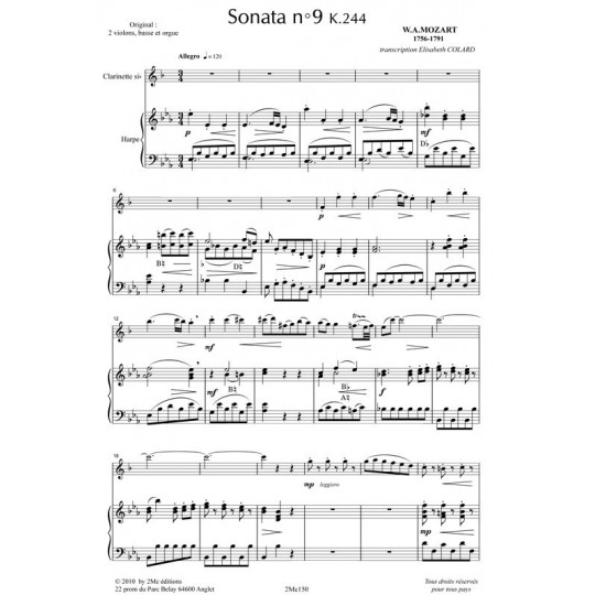 Mozart Sonata n°9 k244 partition pour clarinette et harpe