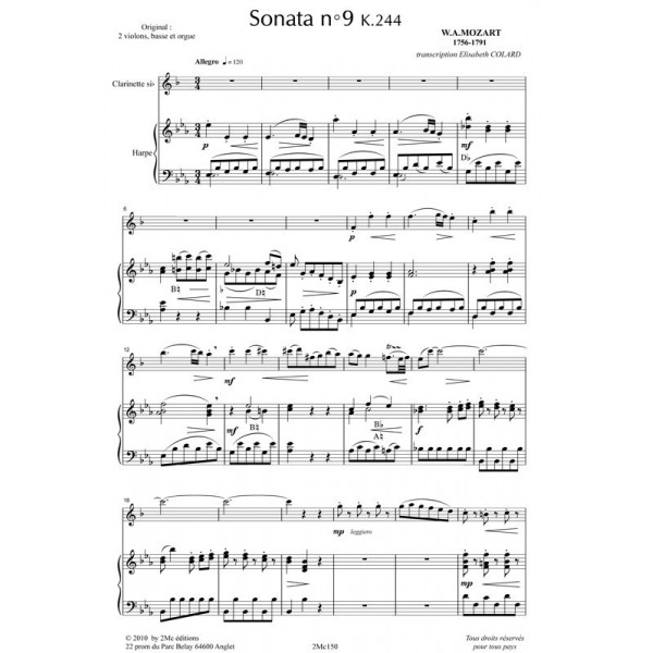 Mozart Sonata n°9 k244 partition pour clarinette et harpe