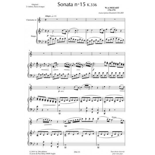 Mozart Sonata n°15 k336 partition pour clarinette et harpe