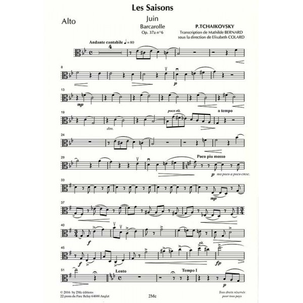 Tchaikovsky Les saisons Juin pour flûte, alto et harpe Alto