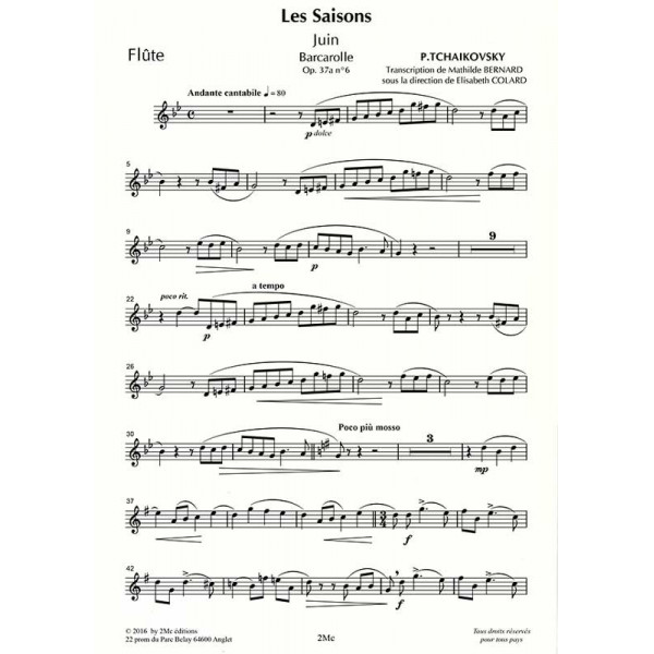 Tchaikovsky Les saisons Juin pour flûte, alto et harpe Flûte