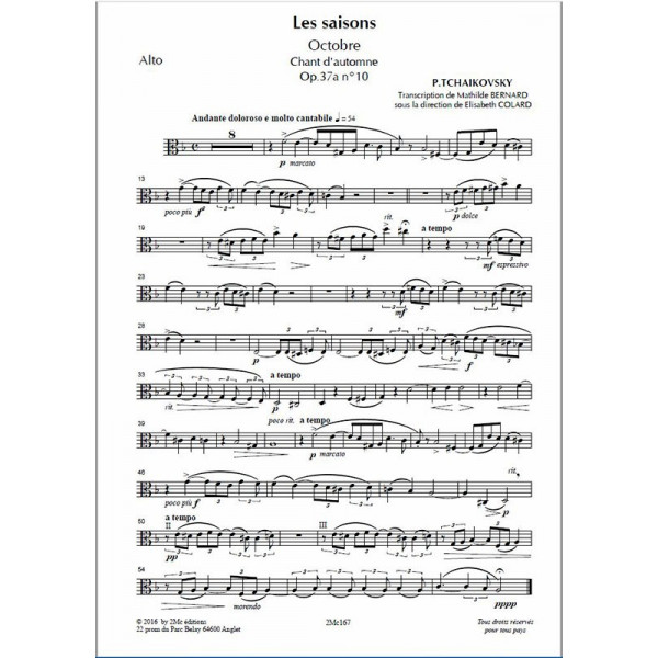 Tchaikovsky Les saisons Octobre pour flûte, alto et harpe - Alto