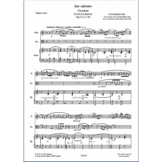 Tchaikovsky Les saisons Octobre partition pour flûte, alto et harpe