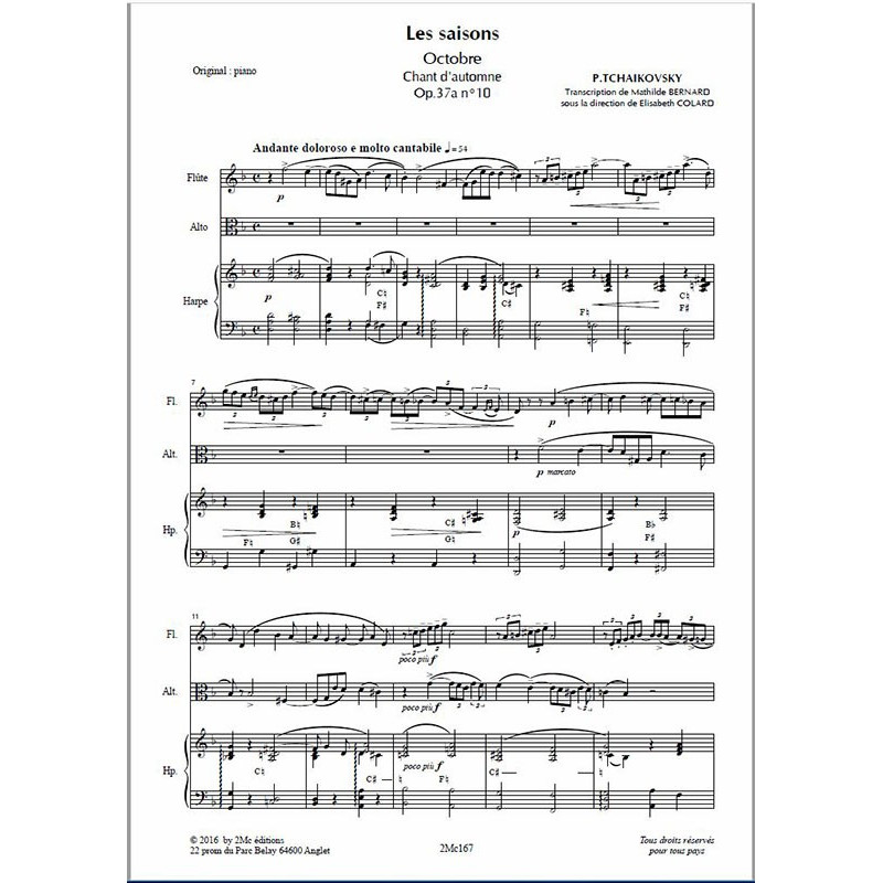 Tchaikovsky Les saisons Octobre pour flûte, alto et harpe - Score