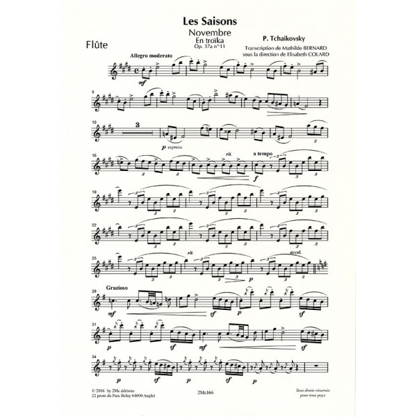 Tchaikowsky Les saisons Novembre pour flûte, alto et harpe Flûte