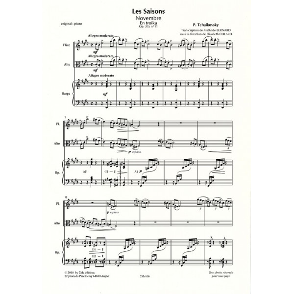 Tchaikowsky Les saisons Novembre pour flûte, alto et harpe Score