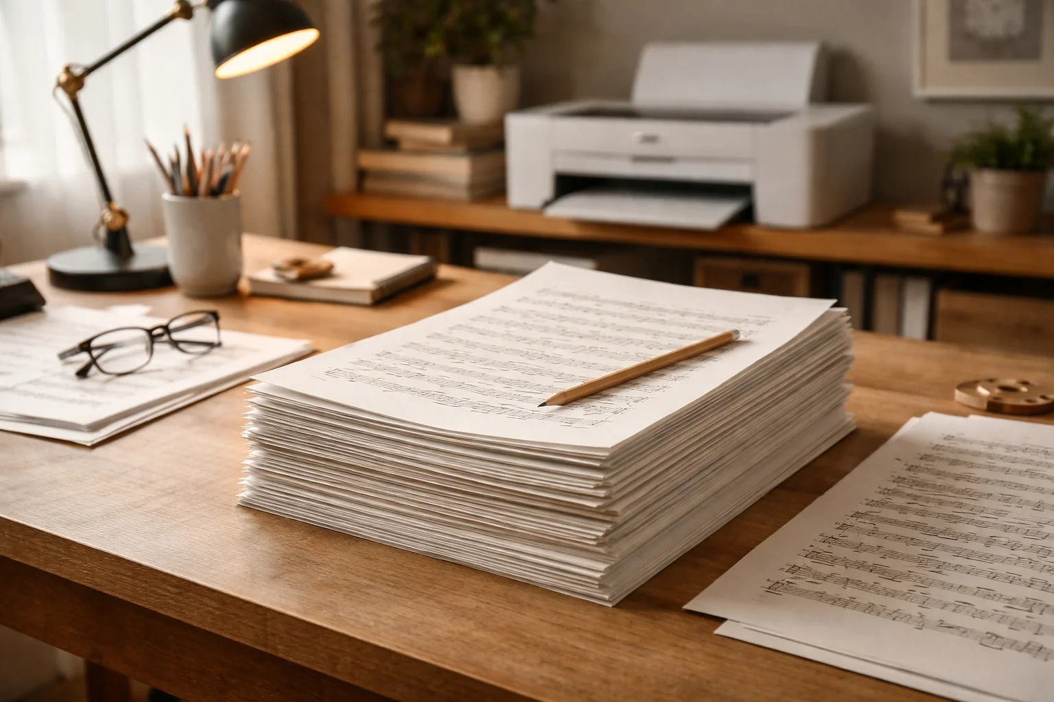 pile de partitions, imprimante au fond, lumière douce, papier blanc naturel, ambiance atelier.