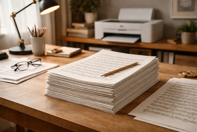 pile de partitions, imprimante au fond, lumière douce, papier blanc naturel, ambiance atelier.